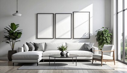 Embrace personalized style in a bright, modern living room featuring a comfortable sectional sofa and three blank frames awaiting your unique wall art vision