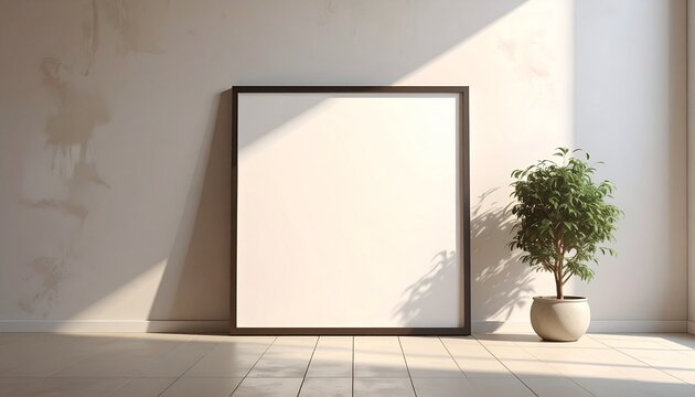 Naklejki Empty square black picture frame mockup leaning against a sunlit wall next to a potted plant, ideal for art or poster presentation