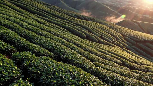 Gorgeous bird's eye view of the picturesque undulating hills adorned with lush tea gardens as the sun rises through the mist. Breathtaking scenery in a renowned valley in Asia