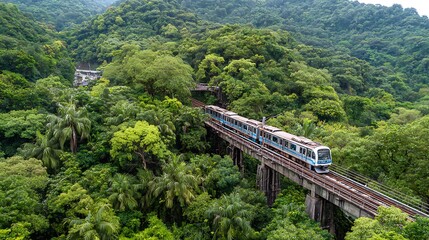 Elevated train through lush tropical greenery.