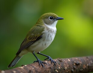 Olive green white eye bird perches on tree branch. Looks alert with bright eye ring. Cute avian creature in nature habitat. Wild fauna animal wildlife in forest, tropical bird. Natural beauty. Green