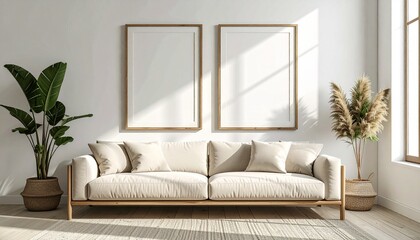 Minimalist Home Interior Two Frame Mockups Above Beige Sofa