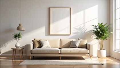 Warm Living Room with Minimalist Decor, Natural Light, and a Blank Frame for Personalized Art