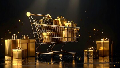 A golden shopping cart overflowing with wrapped gift boxes, surrounded by more gifts on a reflective surface against a dark background.