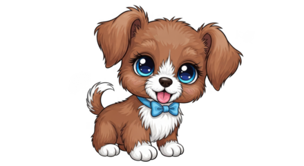 Adorable cartoon brown puppy with big blue eyes and a blue bow tie isolated on transparent background