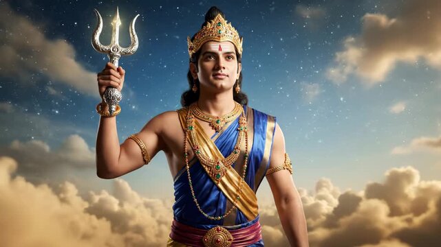 Majestic Indian God Indra with Trident - A portrait of a young man dressed as the Hindu god Indra, holding a trident against a dramatic sky backdrop.