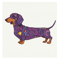 Colorful dachshund illustration with abstract patterns on coat  