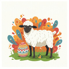 Playful sheep standing beside colorful decorated Easter egg  