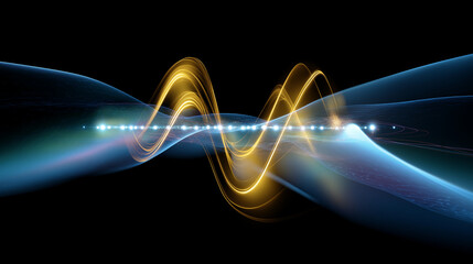 Quantum computing visualization with wave-particle duality shown as shifting curves.
