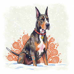 Great Dane dog sitting in snow with decorative background  