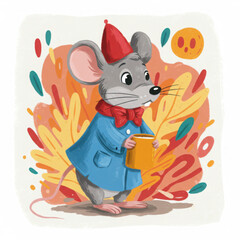 Cartoon mouse wearing a blue coat and red hat holding a cup  