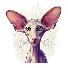 Stylized illustration of a Sphynx cat with large ears and green eyes  