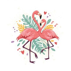 Two pink flamingos dancing together surrounded by tropical leaves  