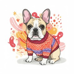 French bulldog wearing a colorful sweater in playful illustration  