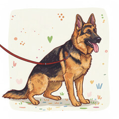 German shepherd dog sitting on grass with leash and colorful background  