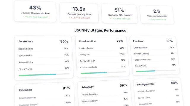 Interactive customer journey mapping dashboard with touchpoint analytics and conversion tracking metrics
