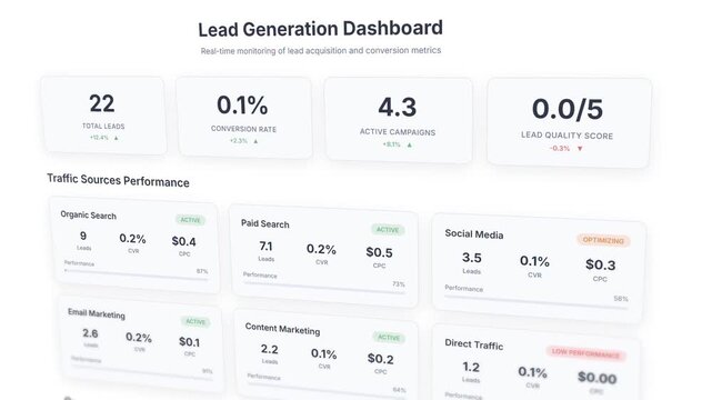 Interactive lead generation dashboard with traffic sources analytics and conversion tracking interface
