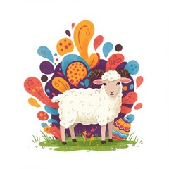 Lamb standing in colorful abstract background with floral elements  