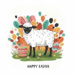 Easter lamb with colorful eggs and flowers in a festive garden  