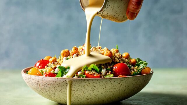Pouring tahini dressing over a bowl of couscous salad with chickpeas, Healthy quinoa salad bowl with chickpeas and tomatoes drizzled with dressing, 4k video