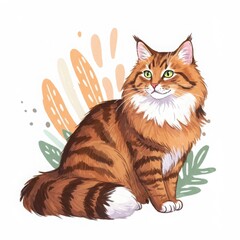 Norwegian Forest cat sitting with colorful botanical background  