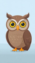 Obraz premium Cute cartoon owl, brown feathers, large yellow eyes, light blue background