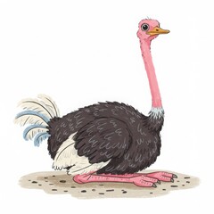 Ostrich sitting calmly on the ground with a white background  