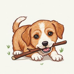 Puppy smiling while chewing on a stick in grassy outdoor setting  