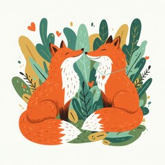 Romantic fox couple sitting together in green foliage background  