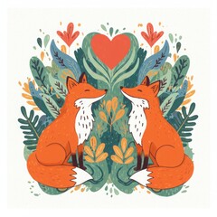 Romantic fox couple with greenery and heart in decorative style  