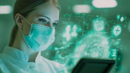 Futuristic Female Doctor with AR Glasses Analyzing Holographic Medical Data & X-ray