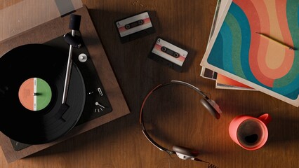 A 3D backdrop featuring a retro vinyl record player, a stack of records, headphones, and audio cassettes on a wooden table. View from above.