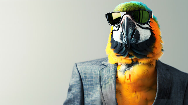 A vibrant parrot dressed in a suit and sporting sunglasses, showcasing a unique and stylish appearance.