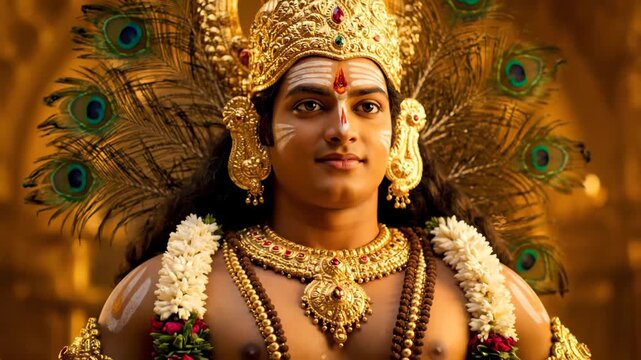 Indian Man in Murugan Costume with Peacock Feathers - A young Indian man is portrayed in a realistic depiction of the Hindu god Murugan, adorned with a gold crown, peacock feathers, and traditional