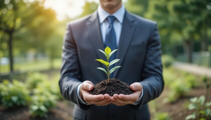 Confident businessman nurtures new growth in a sun-drenched park, symbolizing business success and sustainability.