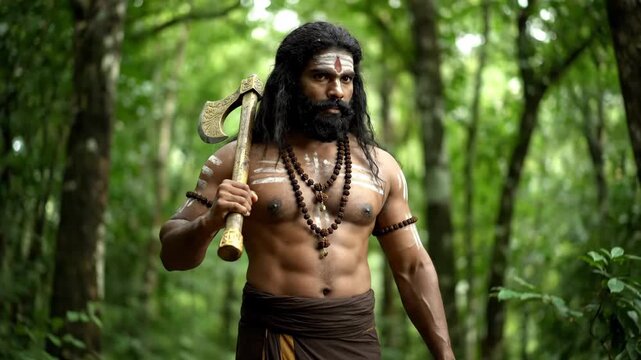 Muscular Indian Man with Axe in Forest - A strong Indian man, portraying Parashurama, stands in a lush green forest, holding a large axe over his shoulder.