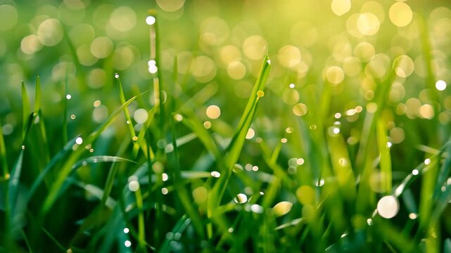 A close up videograph capturing the glistening dew drops on blades of grass, Morning dew over a lush green meadow, AI Generated