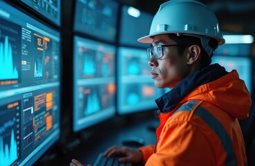 Engineer in hard hat at control panel with multiple screens showing data graphs. Technician monitors system performance, checks analytics. Industrial worker in orange jacket analyzing information.