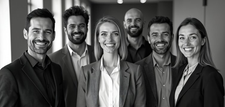 Six diverse, well-dressed business professionals, men, women, with beaming smiles, pose for group photo in modern office. Convey confidence, collaboration, teamwork. Image reflects corporate success,
