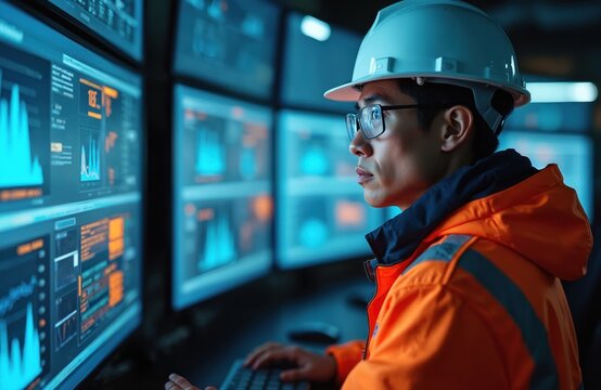 Engineer in hard hat at control panel with multiple screens showing data graphs. Technician monitors system performance, checks analytics. Industrial worker in orange jacket analyzing information.