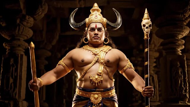 Indian God Yama in Temple Setting - A muscular Indian man is dressed as the Hindu god Yama, the god of death. He wears a buffalo-horn crown, ornate gold jewelry, and holds a danda staff with a skull.