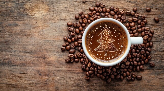 A cozy cup of coffee decorated with a festive Christmas tree pattern sits amidst a scattering of roasted coffee beans, perfect for holiday beverage inspiration and winter warmth.