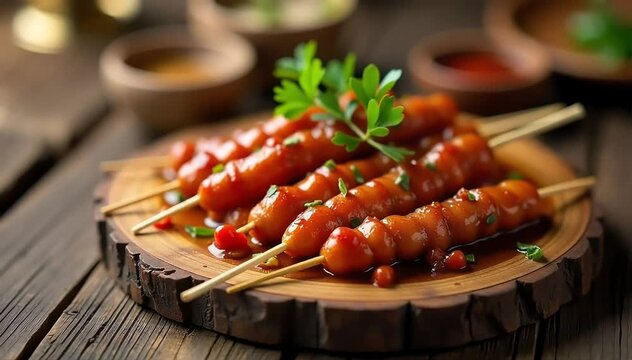 Traditional Filipino isaw served hot with spicy garlic and chili sauce on rustic board 