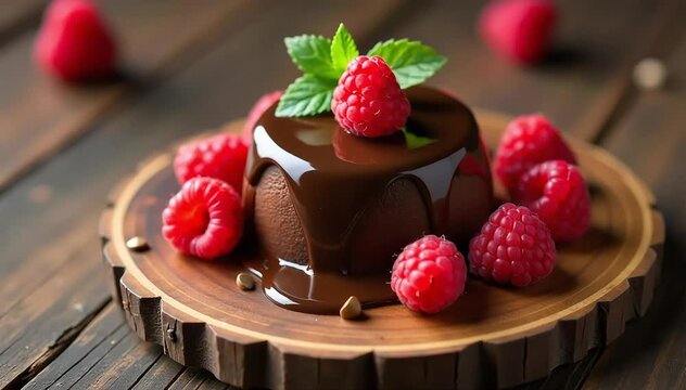 Traditional fondant au chocolat served with fresh raspberries and mint garnish on rustic board 