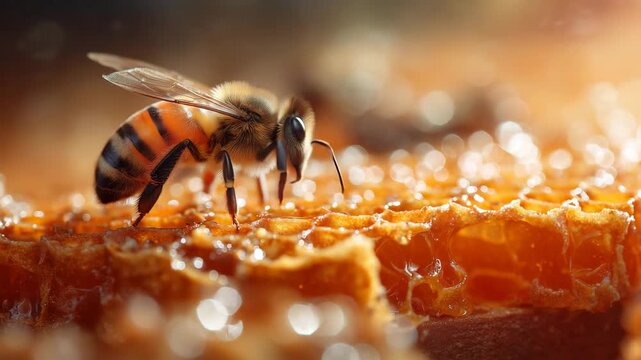 Close up honey bee on honeycomb natural beekeeping concept insect macro with details of wings and body producing honey agriculture pollination and wildlife ecosystem