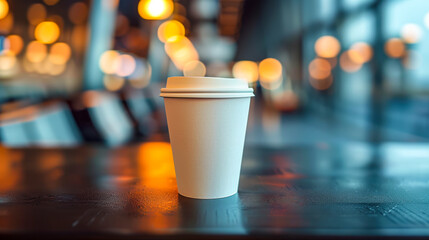 Mock up white paper coffee cup on a sleek surface, surrounded by a softly blurred airport terminal. Warm lights create a cozy atmosphere, inviting travelers to enjoy a moment of relaxation. Copy space