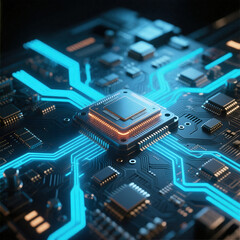 Fototapeta premium Closeup of glowing circuit with blue chip concept for electronics and digital technology illustration