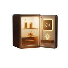 3d open refrigerator with golden items and icons isolated on transparent background