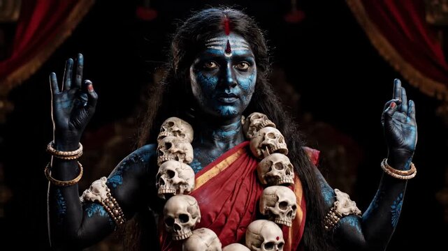 Goddess Kali Realistic Portrait - A dark-haired Indian woman is shown dressed as the Hindu goddess Kali, with blue-black body paint and a garland of skulls.