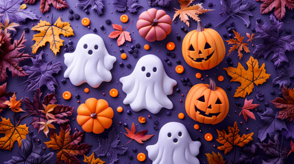 Cute ghosts made from sculpted clay sit surrounded by pumpkin decorations and colorful leaves. The vibrant pastel colors contrast beautifully against the dark purple background, evoking Halloween joy